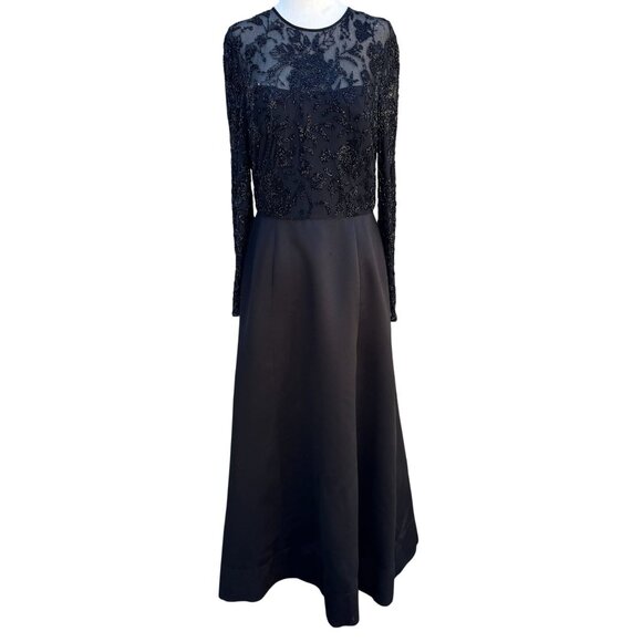 Oleg Cassini Dresses & Skirts - Oleg Cassini Black Tie Black Beaded Evening Gown Sheer Floral Bodice Long Sleeve